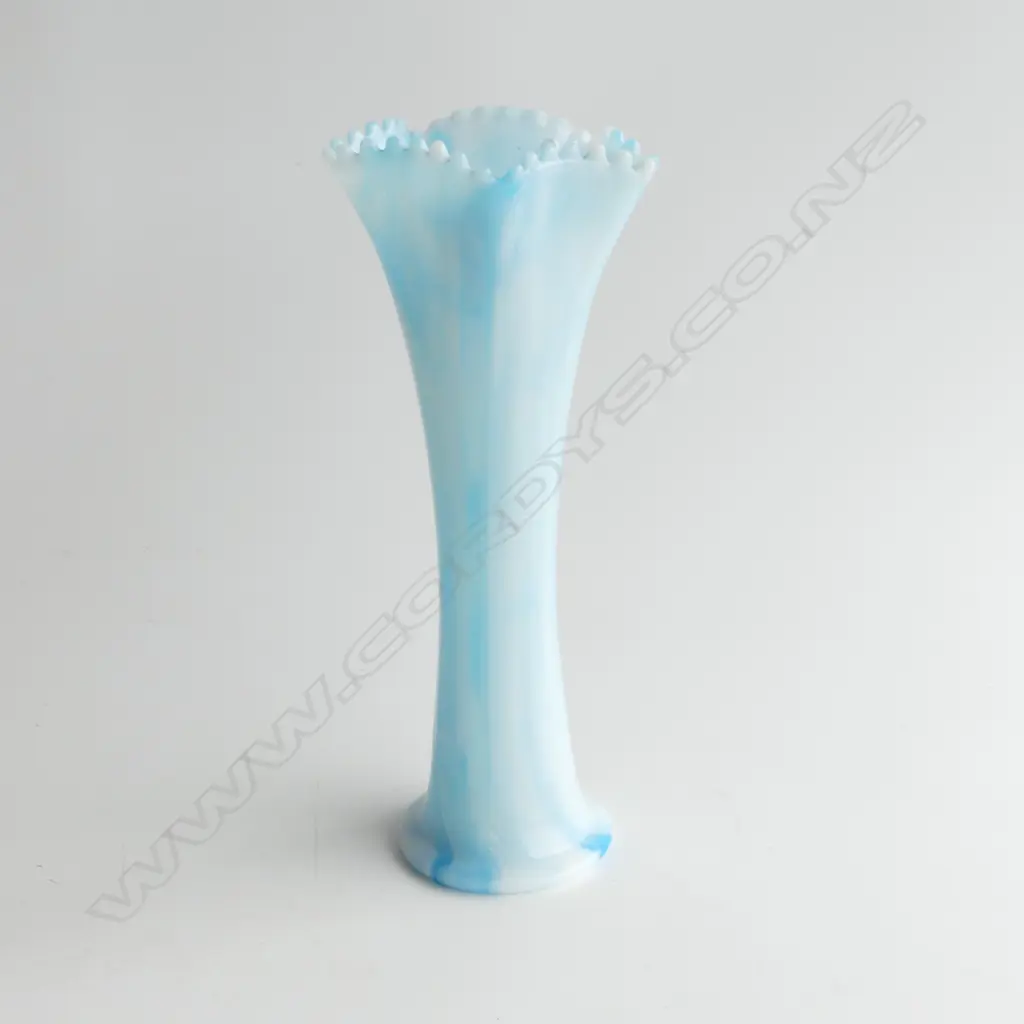ANTIQUE BLUE MARBLED MILK GLASS FLUTED VASE, H. 26CM Image 1++