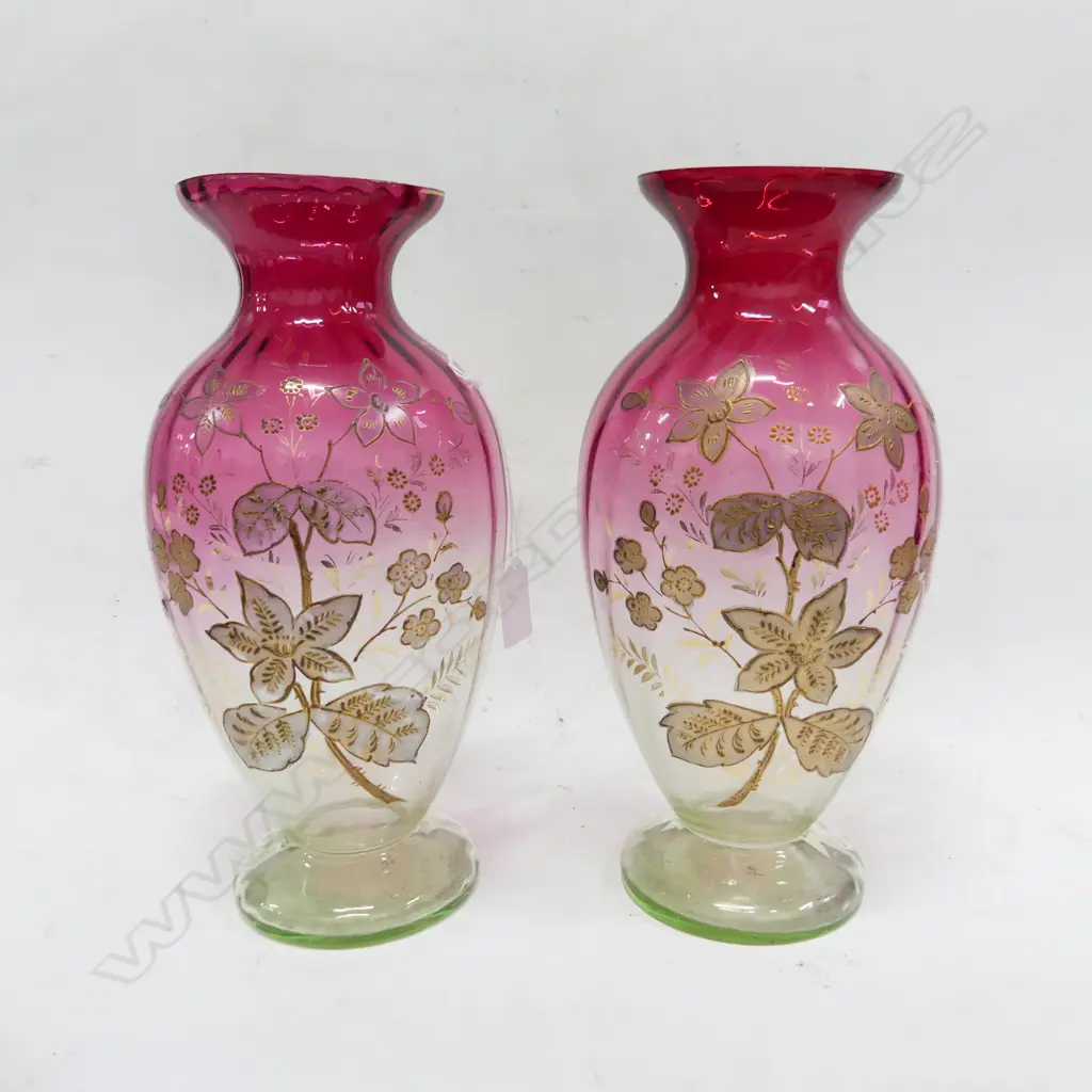 PR VICT CRANBERRY GLASS VASES GILT FLORAL DECORATION H290MM Image 1++