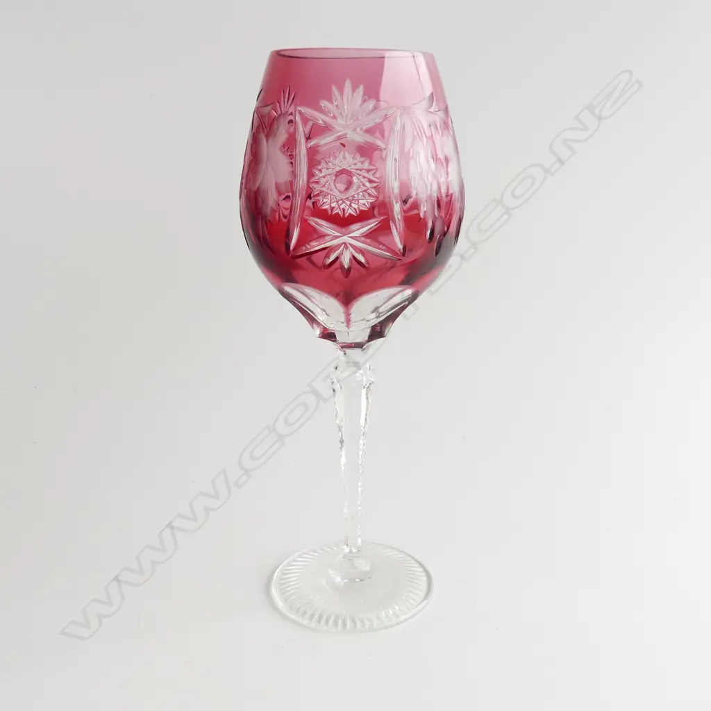 OVERSIZED CUT CRYSTAL CRANBERRY WINE GOBLET. WITH GRAPE DECORATION. H. 28CM Image 1++