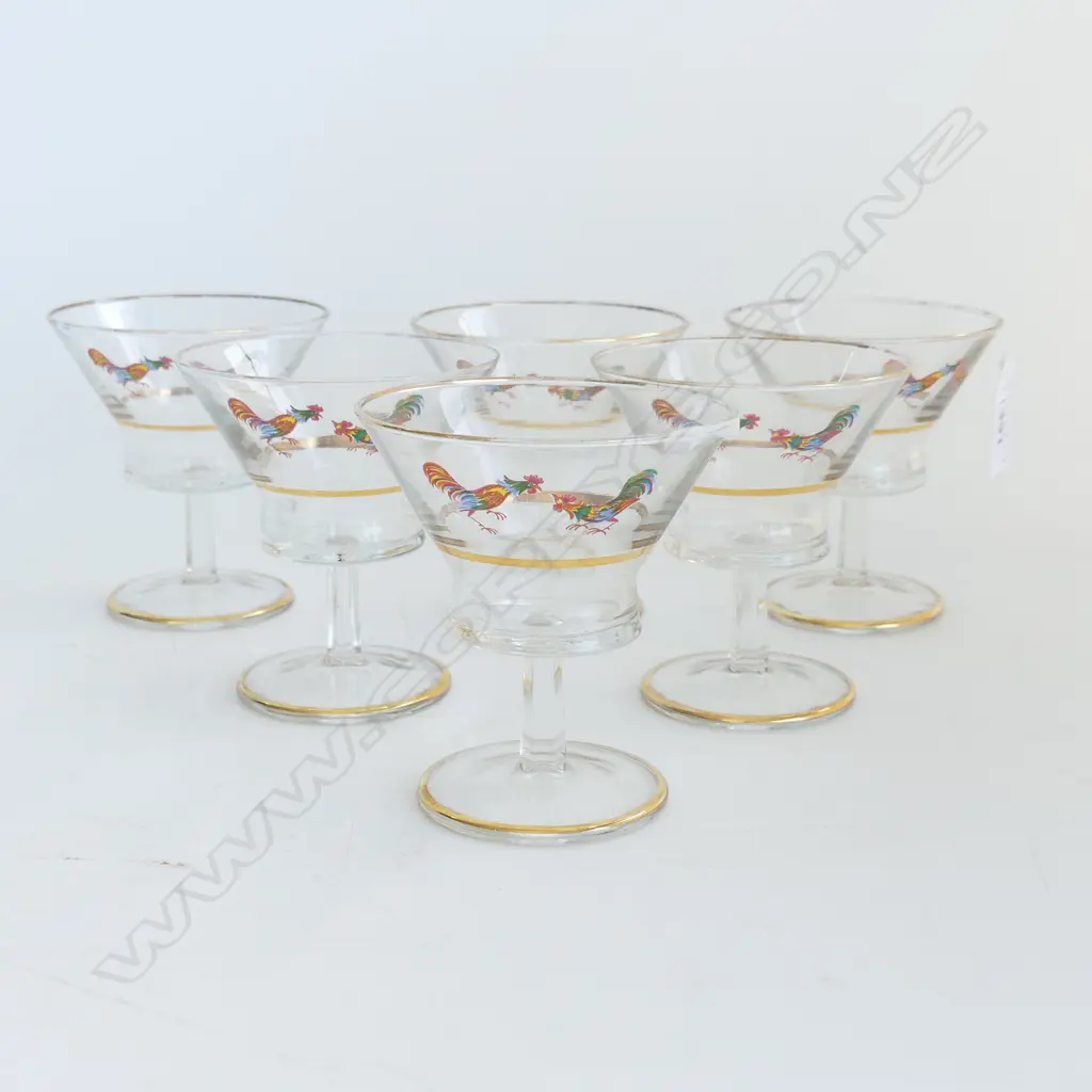 SET OF 6 1950’S COCKTAIL GLASSES, WITH HAND PAINTED FIGHTING COCKS DECORATION Image 1++