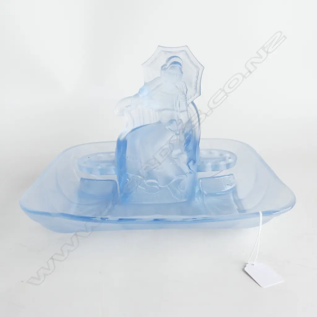 BLUE CLOUD GLASS FLOAT BOWL w FIGURAL FLOWER CENTREPIECE, AUGUST WALTHER & SOHNS, W.280mm Image 1++