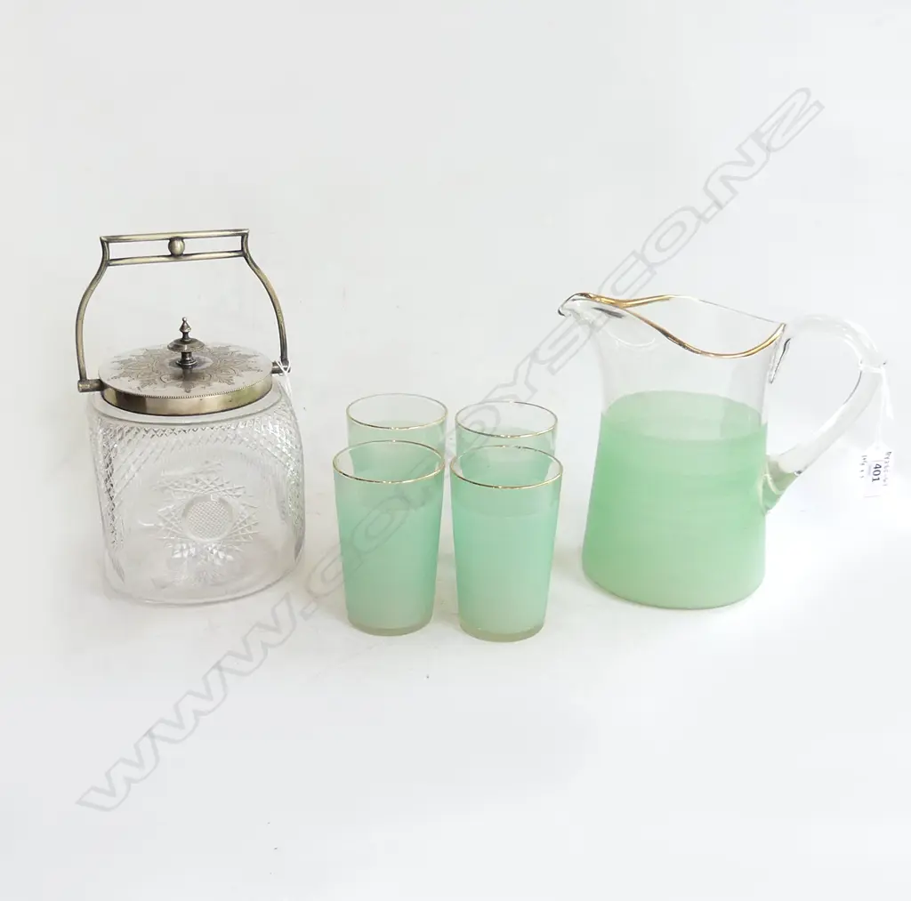 DECO GREEN FROSTED WATER JUG + 4 GLASS + VICTORIAN CUT CRYSTAL BISCUIT BARREL Image 1++