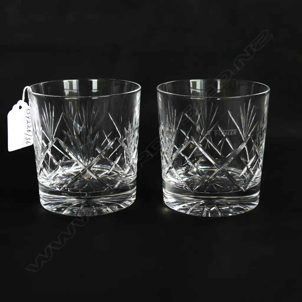 PAIR OF CUT CRYSTAL DOUBLE OLD FASHIONED WHISKY TUMBLERS BUHLET, H. 82MM Image 1++