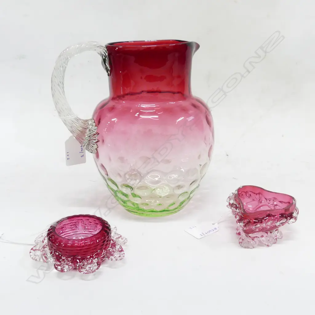 VICT CRANBERRY GLASS JUG H200MM & 2 CRANBERRY GLASS CONDERMENTS DIA 80MM Image 1++