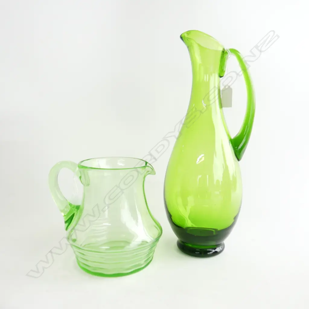 2 VINTAGE GREEN URANIUM GLASS PITCHERS Image 1++