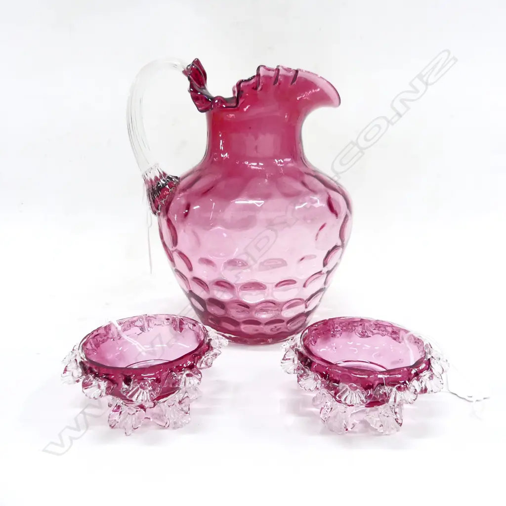 VICT CRANBERRY GLASS JUG H200MM & 2 CRANBERRY GLASS CONDERMENTS minor faults Image 1++