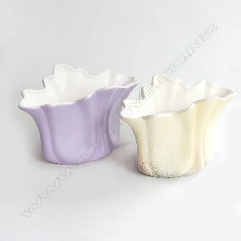 2 C/LYNN WIDE MOUTHED VASES ONE MAUVE ONE YELLOW H150MM Image 1++