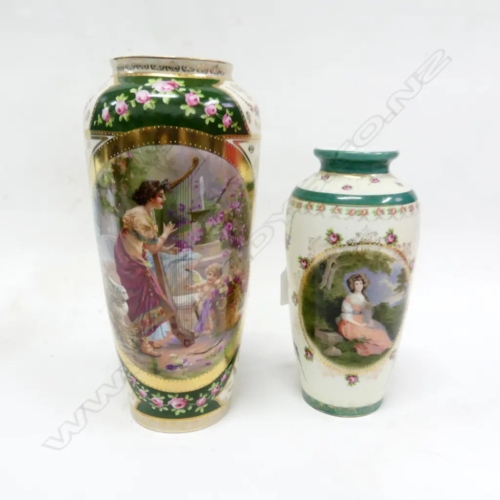 2 CONTINENTAL PORCELAIN VASES LADY DECORATED H265MM TALLEST Image 1++
