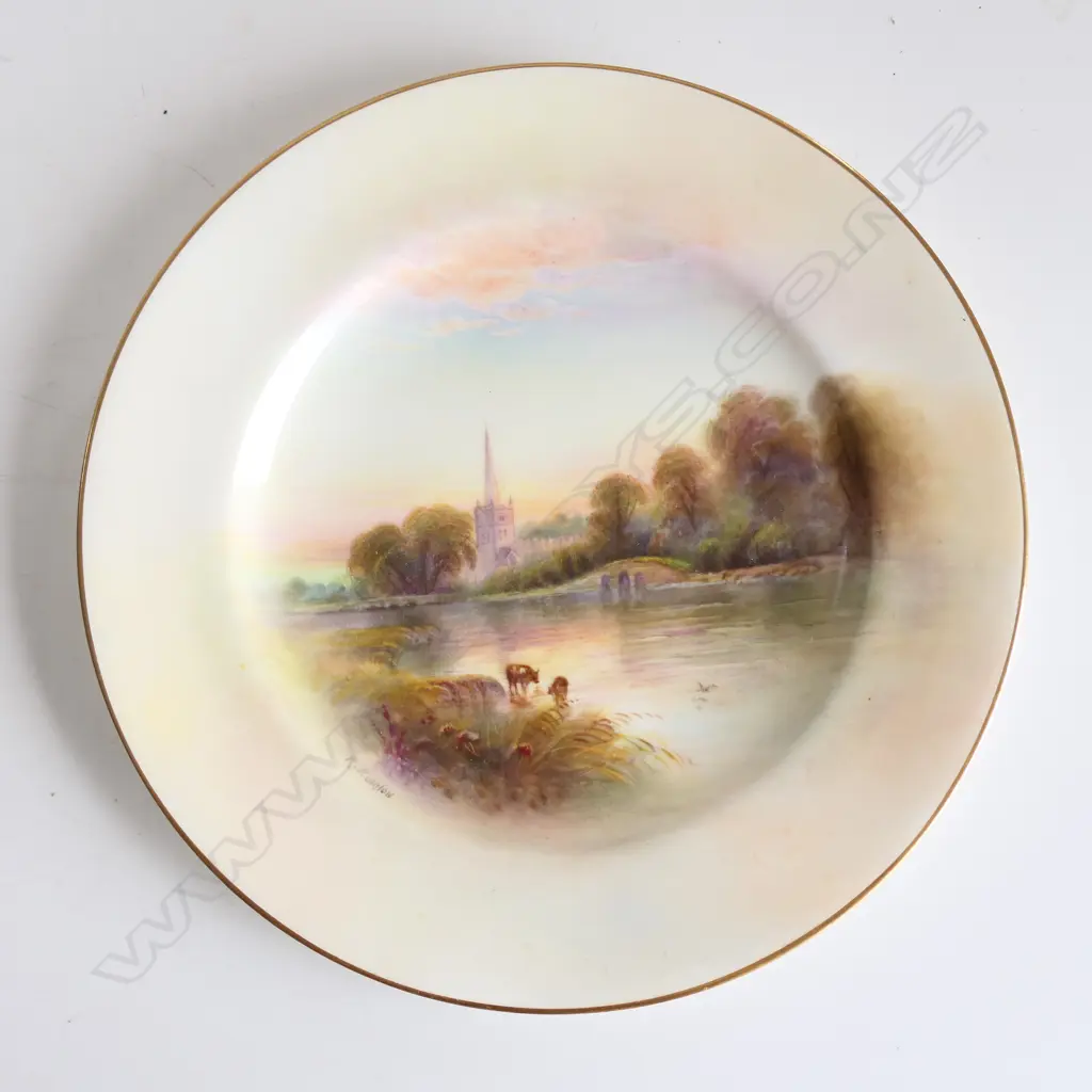 R/WORCESTER hand painted PLATE signed R. Rushton 'Stratford Church' 1917 Dia.205mm Image 1++