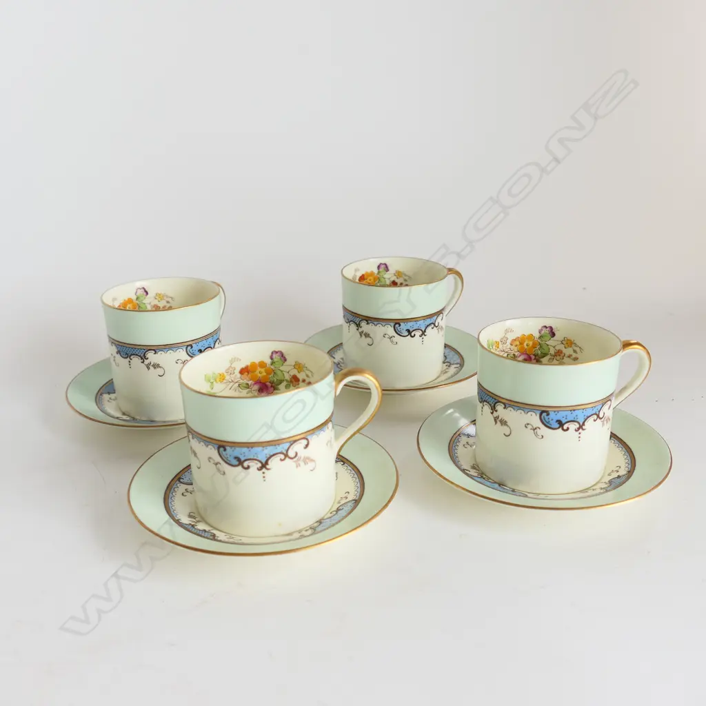 SET 4 ROYAL DOULTON CHINA DEMITASSE CUPS, BLUE 7 GOLD SCROLLING, 'CELIA' PATTERN Image 1++