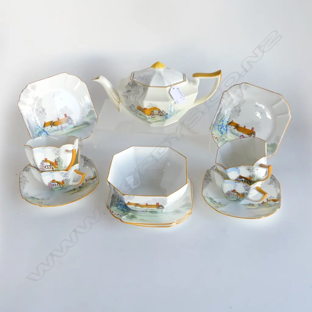12 PCE PART SHELLEY 'COTTAGE 2' TEA SET; TEAPOT, 4 CUPS, 4 PLATES, 2 SAUCERS, SUGAR BOWL - AF HAIRLINES & FAULTS Image 1++
