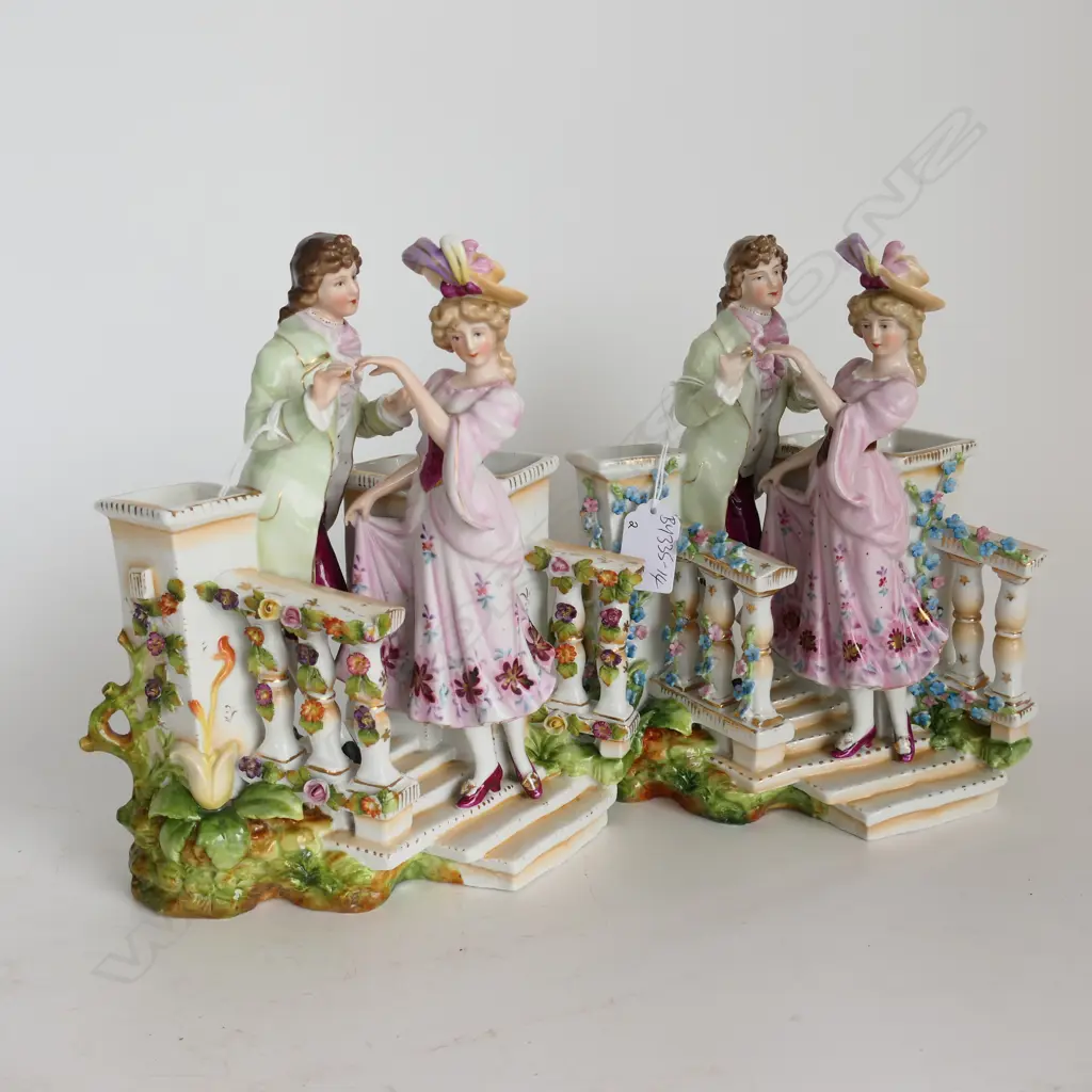 TWO MEISSEN TYPE PORCELAIN FIGURAL GROUP MALE FEMALE H.240mm FINGER DAMAGED Image 1++