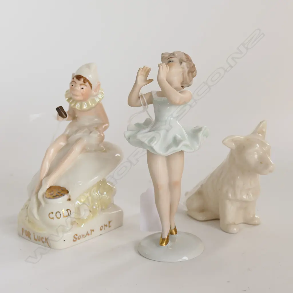 3 CERAMICS POST WAR GERMAN BALLERINA FIG H.140mm, BLACKMARK BELLEEK LEPRACHAUN H.130mm HAIRLINE FAULT + GREEN MARK SCOTT Image 1++
