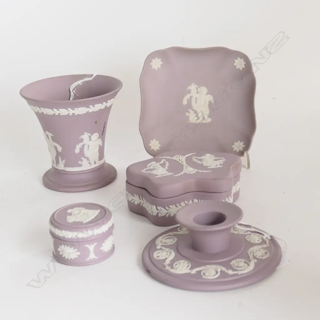 FIVE ITEMS MAUVE WEDGWOOD RELIEF WARE C/STICK FLARED VASE ETC .  Image 1++