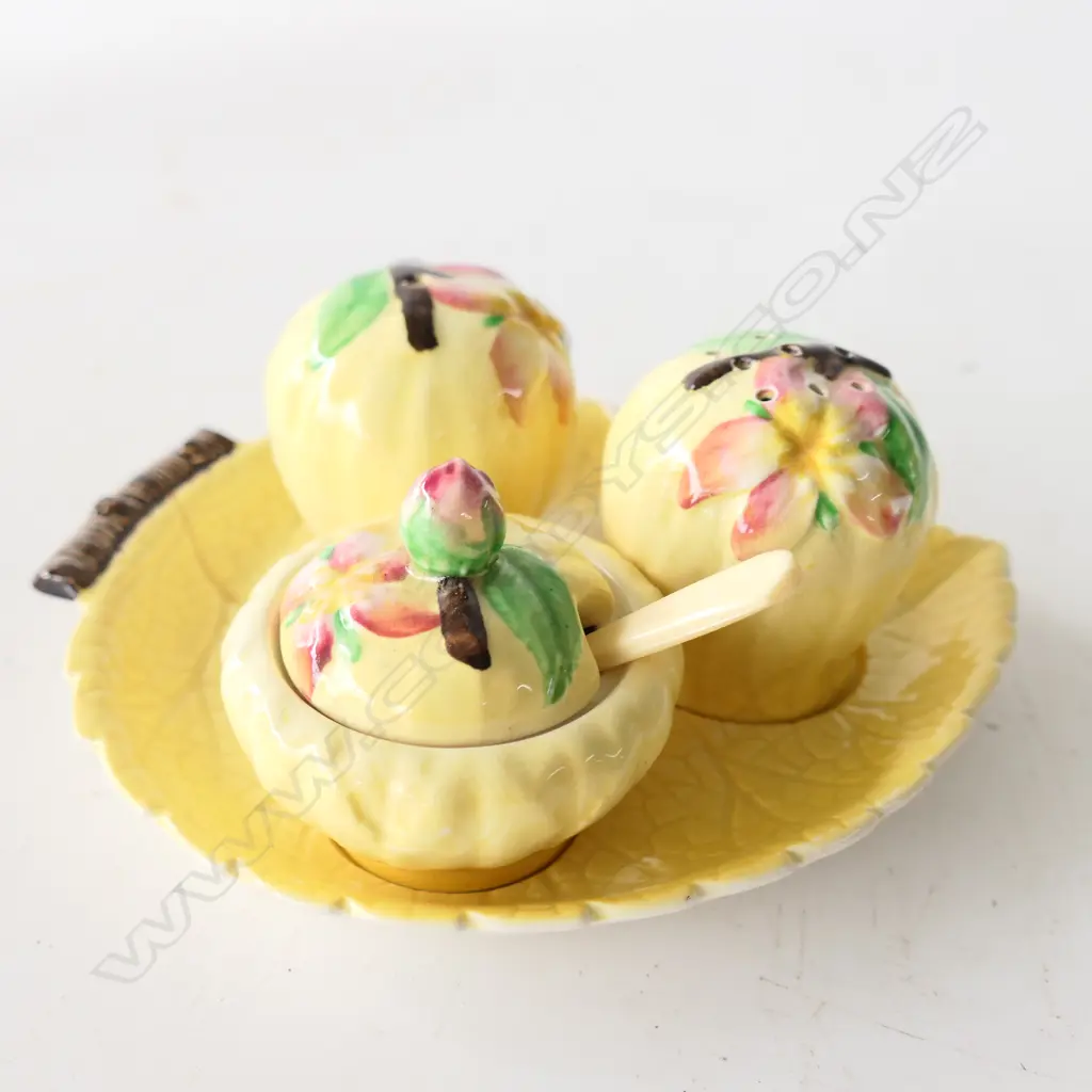 CARLTONWARE YELLOW APPLE BLOSSOM S/PEPPER ON STAND, WITH SPOON Image 1++