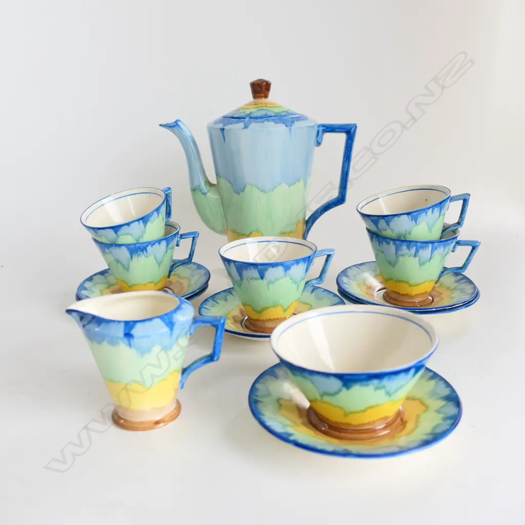 DECO HAND PTD CHINA COFFEE SET IN PALE COLOURS, 6 STGS - LESS 1 CUP, TINY CHIP TO COFFEE POT LID Image 1++