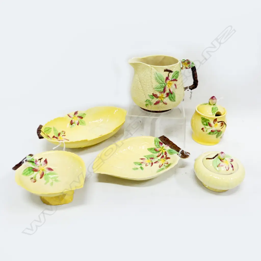 6PCS YELLOW FLORAL CARLTON WARE CHINA 3 DISHES 2 HONEY POTS & JUG H120MM Image 1++