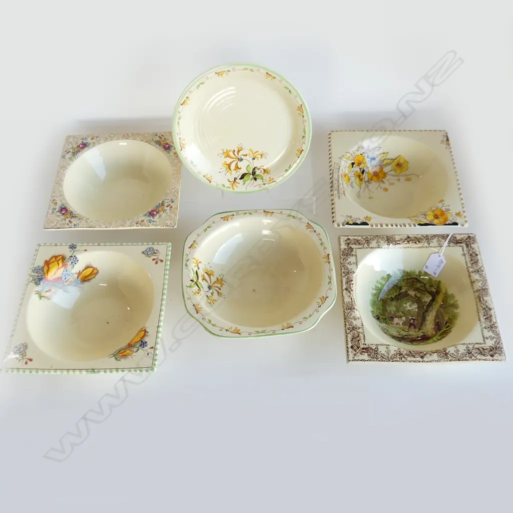 5 DECO BOWLS & 1 ROUND PLATE, VARIOUS PASTORAL & FLORAL DESIGNS, ENGLISH ROYAL STAFFORDSHIRE Image 1++