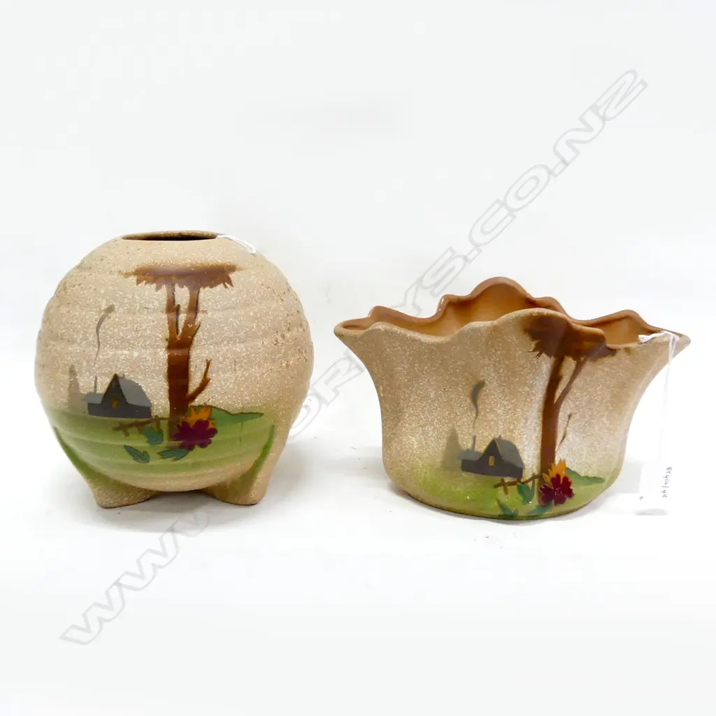2 1940S CROWN LYNN VASES COTTAGE SCENES H200MM Image 1++