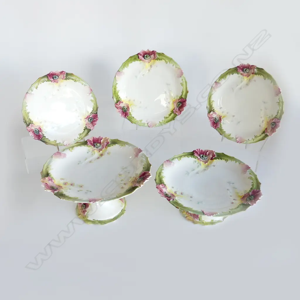 5 PC AUSTRIAN FINE CHINA, PALE PINKS & GREENS, 3 PLATES & 2 PEDESTAL DISHES, 1chipped Image 1++