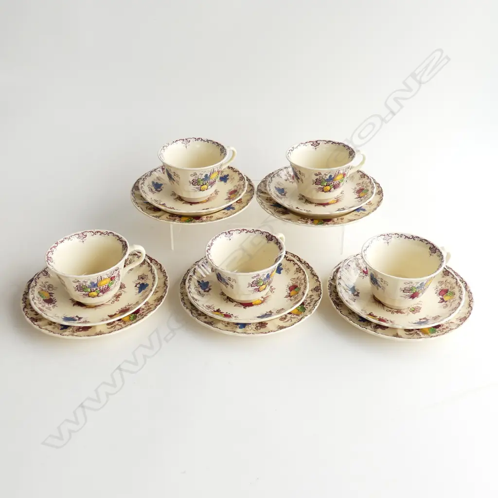 SET OF 5 TRIOS BY ASHWORTH BROS. HANLEY ENGLAND, WITH FRUIT BASKET DECORATION Image 1++