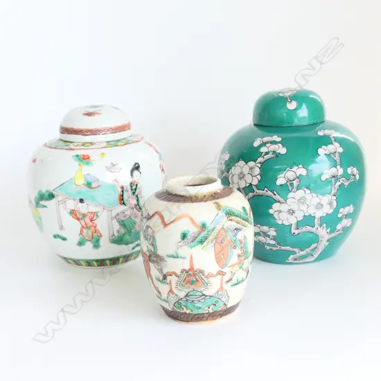 3 ORIENTAL GINGER JARS, 1 GREEN, 1 FIGURATIVE (LID DAMAGED), 1 WITH WARRIORS (NO LID)