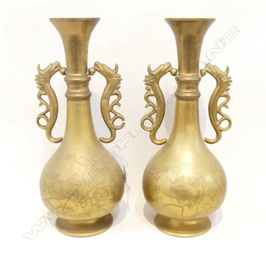 PAIR OF HEAVY CHINESE BRASS VASES WITH DRAGON HANDLES AND ENGRAVED DECORATION H.400mm Image 1++