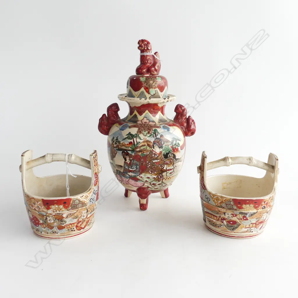 MEIJI PERIOD SATSUMA LIDDED URN (old repair) & PAIR SATSUMA BASKETS (cracks to handles) Image 1++