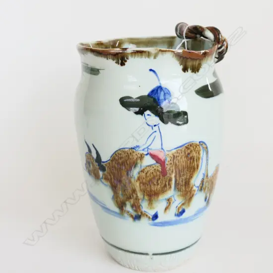 LARGE ORIENTAL PORCELAIN VASE HAND PAINTED with farming scenes H.270mm rope twist handle