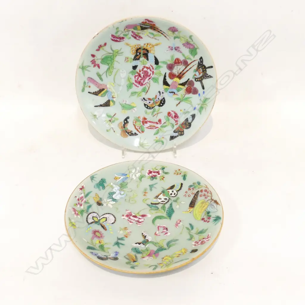 PR LATE 19thC CHINESE PLATES, CELADON GROUND w BUTTERFLY DECORATION, 1 has rim frit, 1 hairline crack to base, D.190mm Image 1++