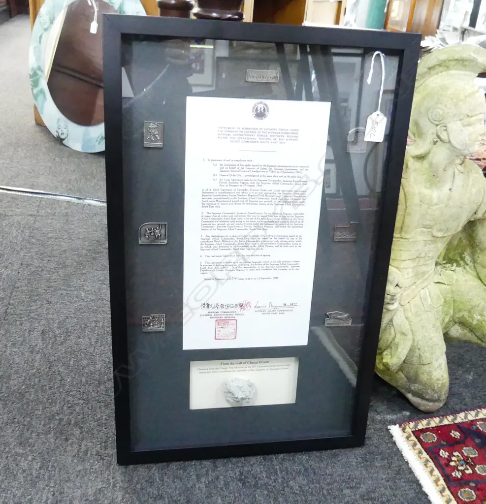 FRAMED PIECE 'FROM THE WALL OF CHANGI PRISON' with copy of letter detailing surrender of Japanese forces etc  Image 1++