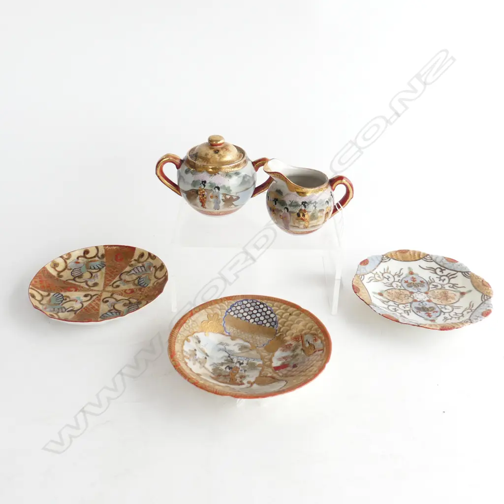 THREE FINE PORCELAIN SATSUMA SMALL DISHES & MINI CREAM/SUGAR (repaired lid to sugar) Image 1++