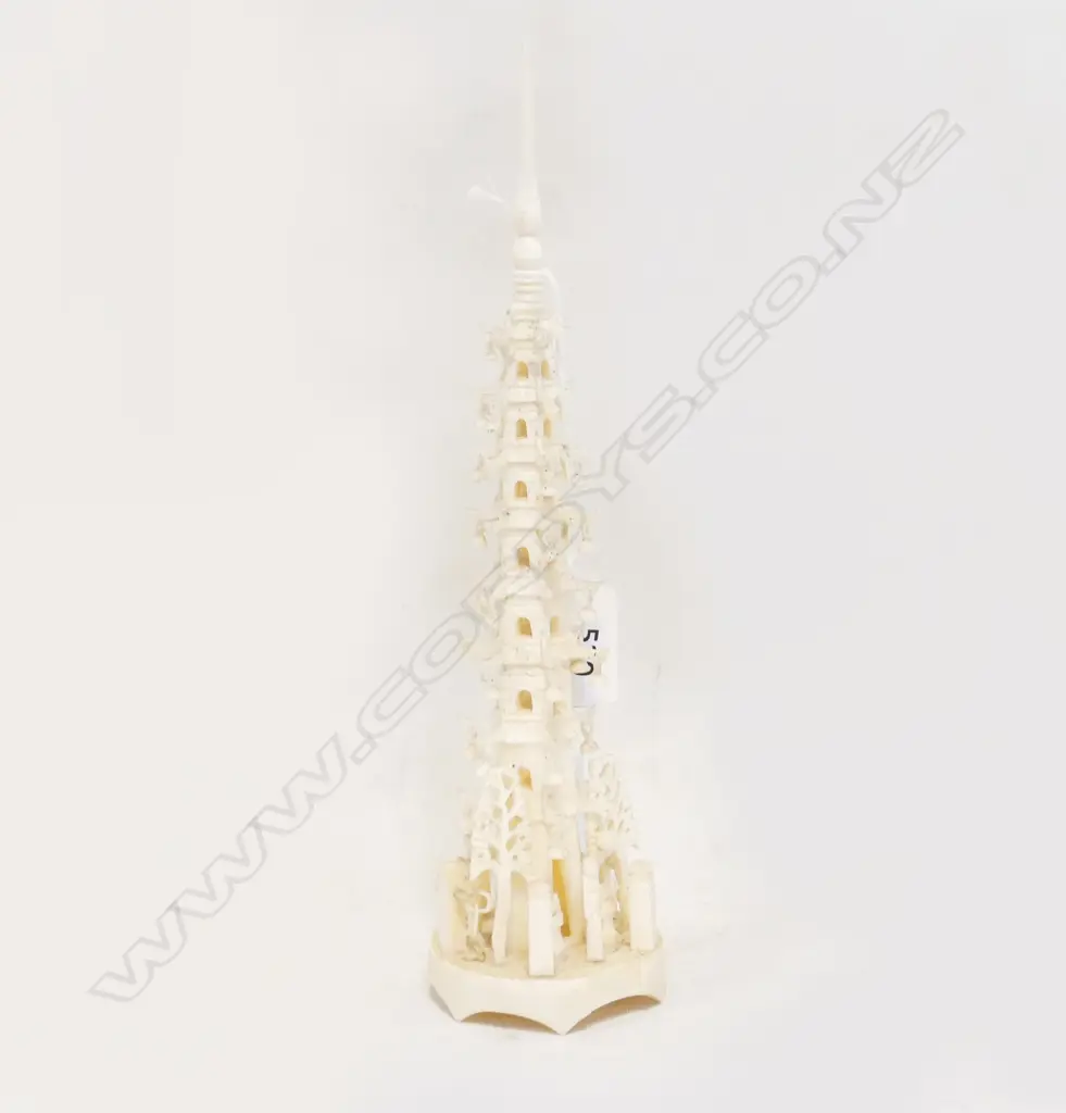 ANTIQUE CHINESE IVORY CARVED TEMPLE TOWER, (SOME FAULTS), H. 23CM Image 1++