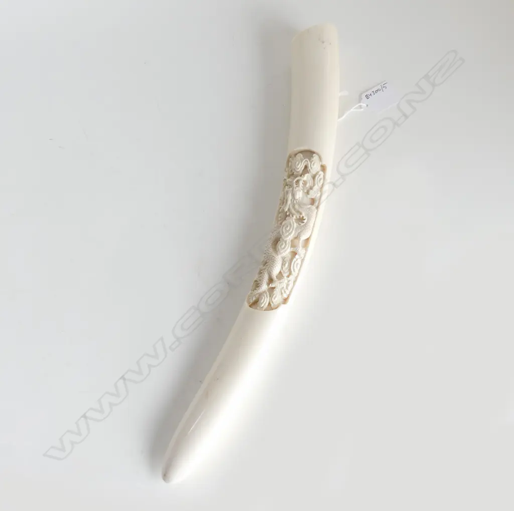 CARVED CHINESE IVORY TUSK WITH DRAGON DECORATION L 390 MM Image 1++