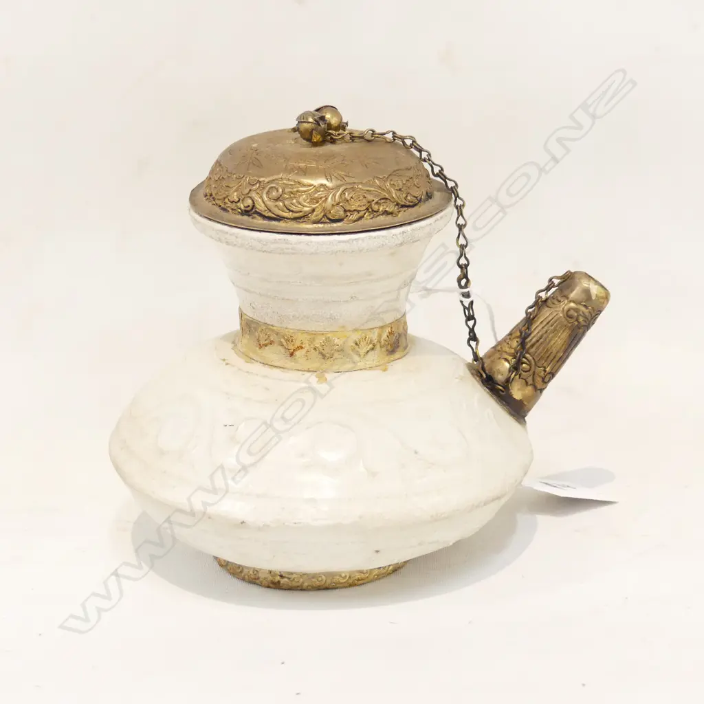 ARCHAIC STYLE CHINESE KENDI, GILT METAL LID, CHAIN & MOUNTINGS H.130mm Image 1++