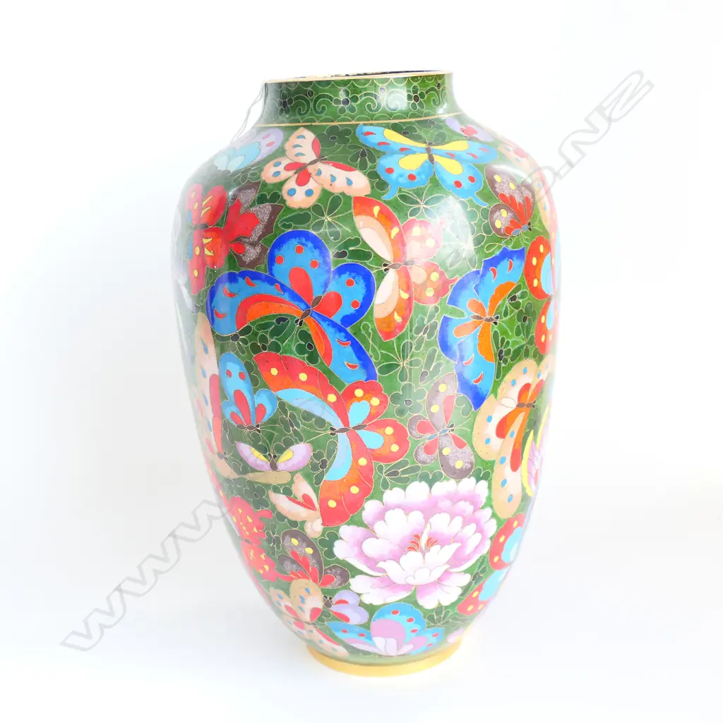 ORIENTAL CLOISONNE VASE W BUTTERFLYS & CHRYSANTHEMUMS, H.330mm Image 1++