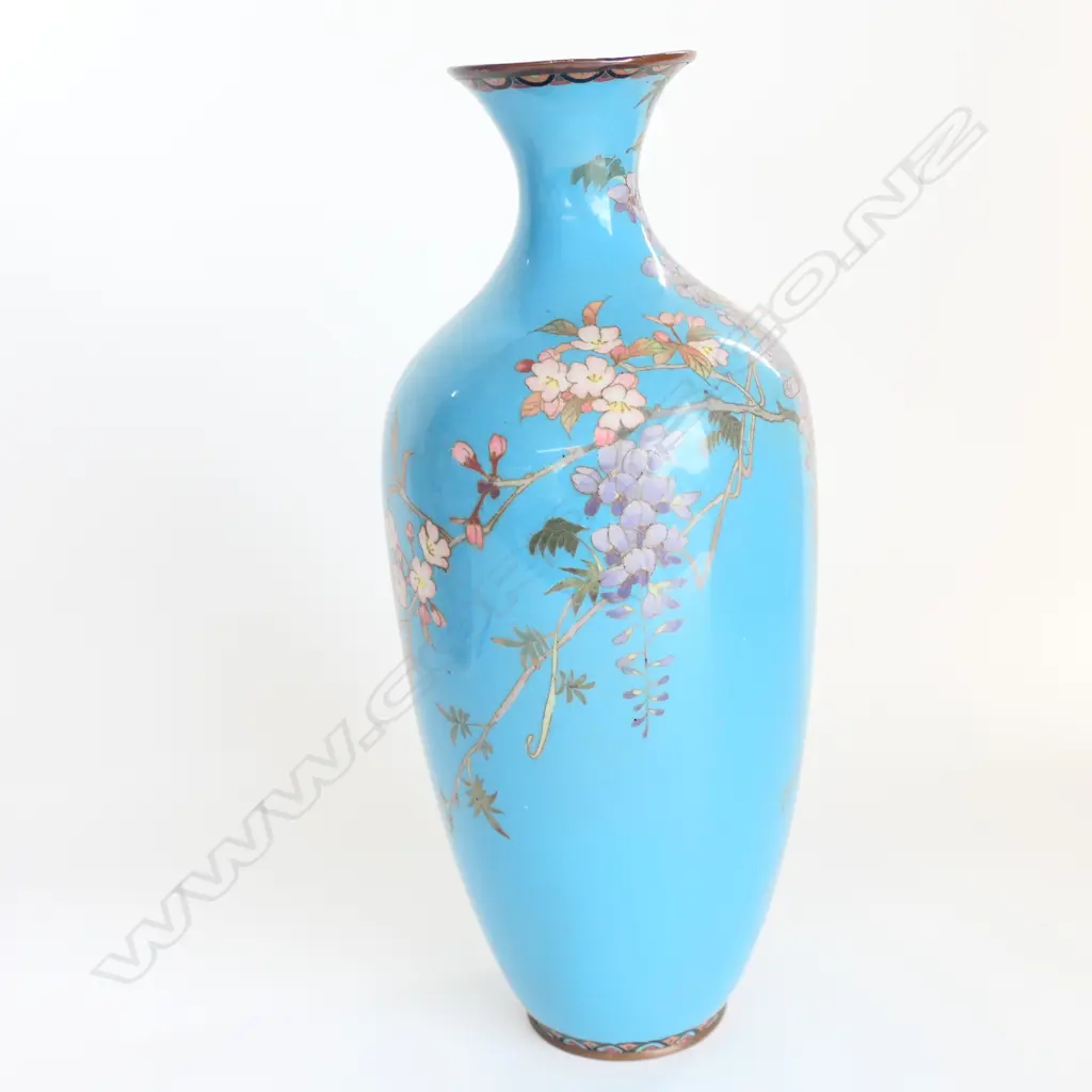 ORIENTAL CLOISONNE VASE, PALE BLUE W BIRDS, H.300mm Image 1++