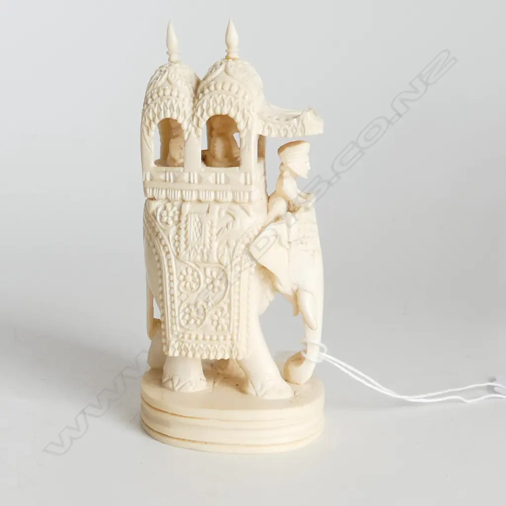 CARVED IVORY ELEPHANT REPAIR TO FINIAL H 110 MM Image 1++