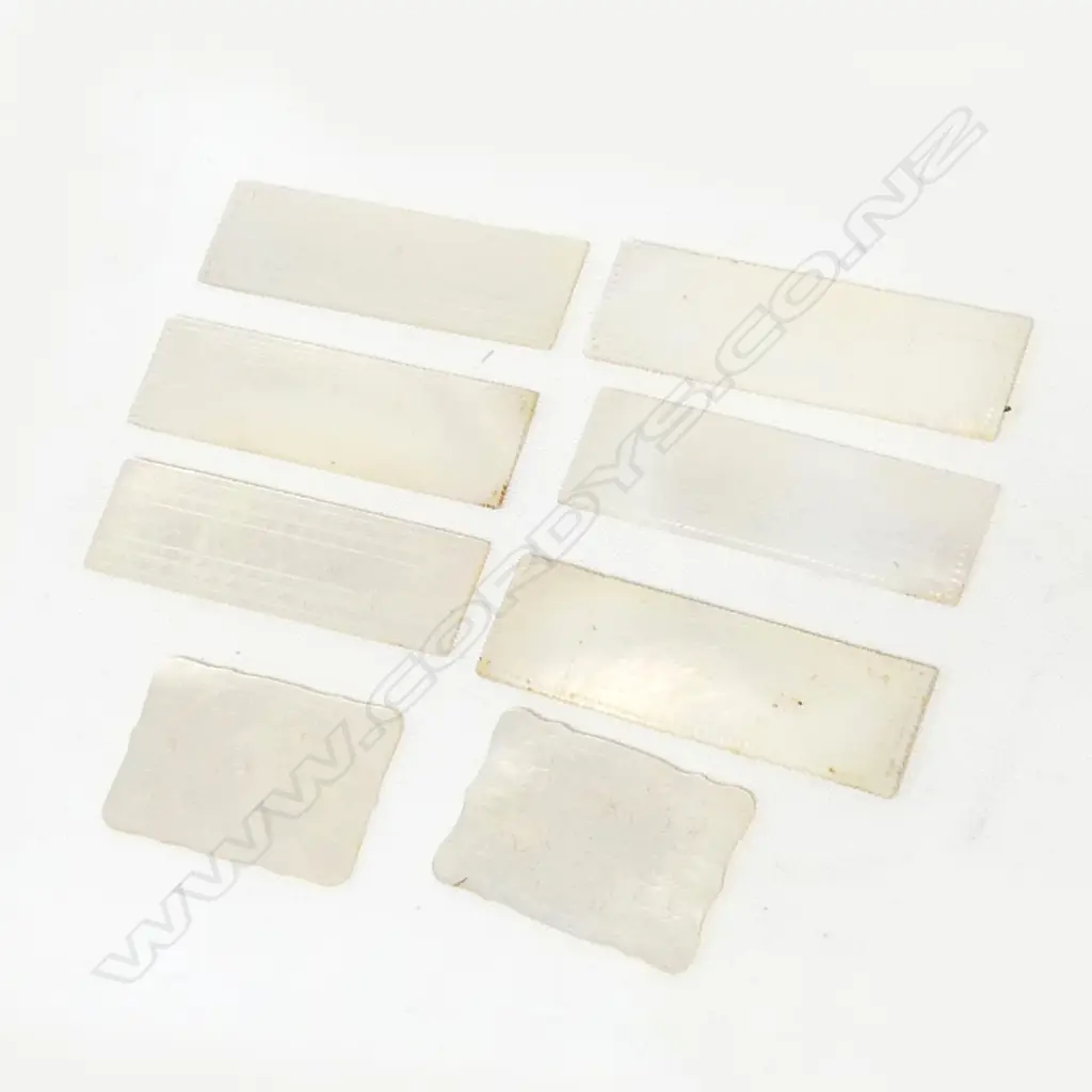 EIGHT QUALITY ANTIQUE MOTHER OF PEARL GAMING TOKENS, WITH CHINESE ENGRAVED DECORATION, L.54MM Image 1++