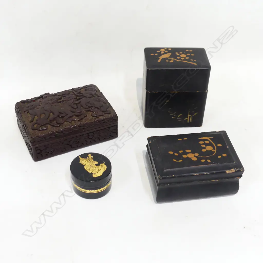 4 ORIETAL BLACK LACQUER CONTAINERS - CARVED w. REPAIR W.130mm Image 1++
