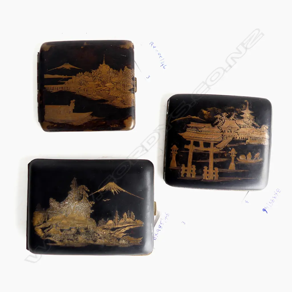 3 EBONIZED SCENIC JAPANESE CIG CASE LARGEST 110MM Image 1++