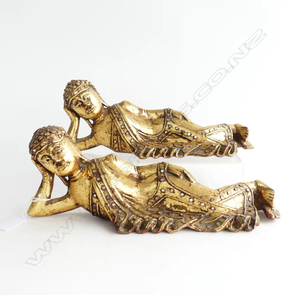 PAIR OF GILDED JEWELLED WOODEN RECLINING BUDDHA FIGURES L.310mm Image 1++