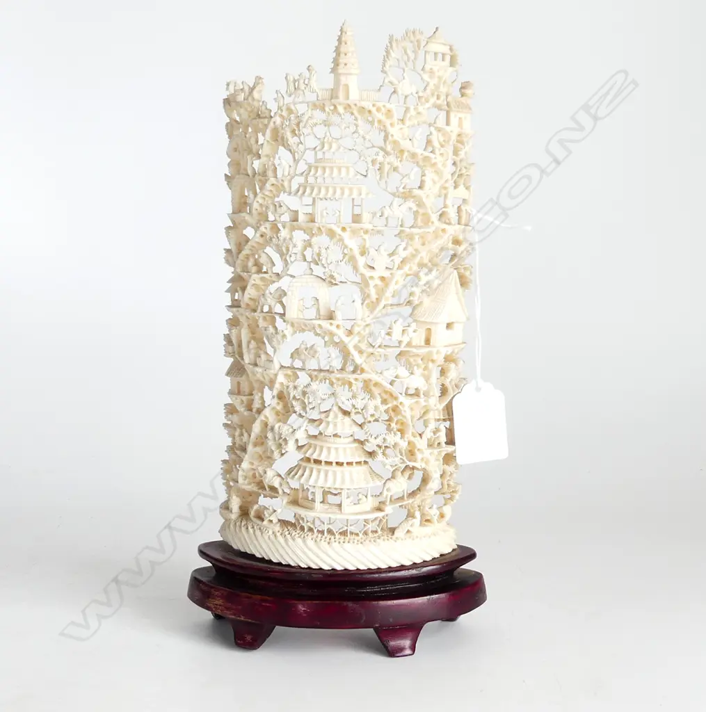 CARVED IVORY  TUSK SECTION WITH FILIGREE LANDSCAPE H 260 MM Image 1++