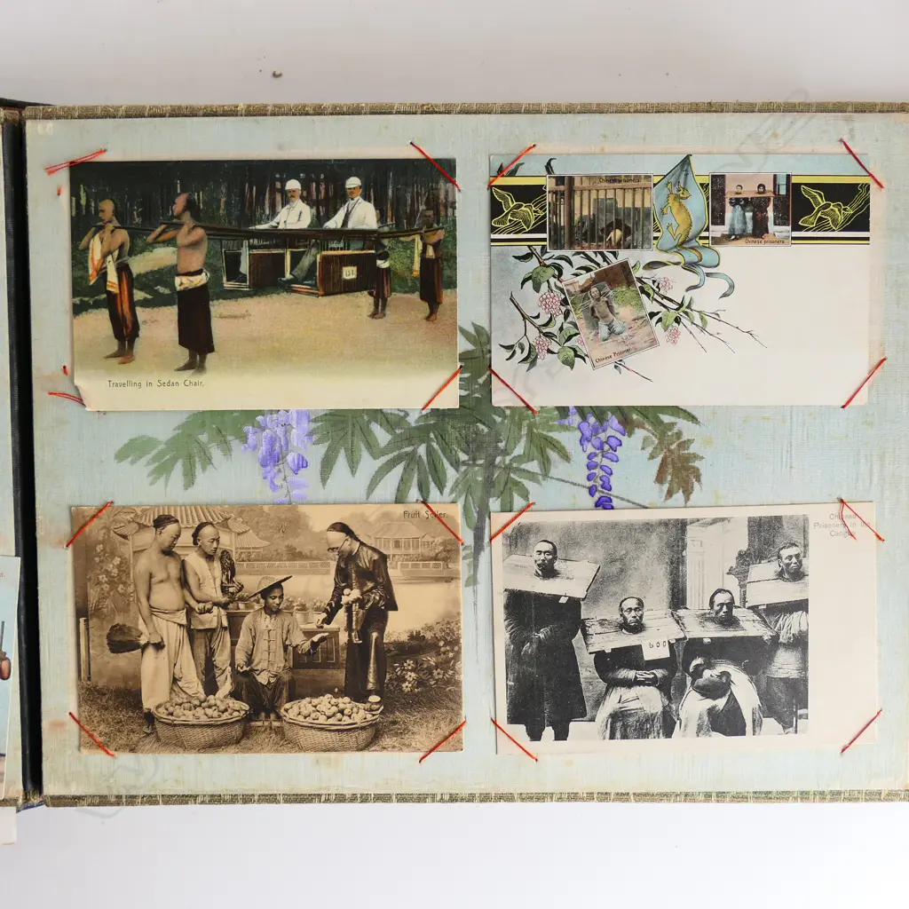 A Japanese Meiji period decorative lacquer postcard album with world postcards Image 1++