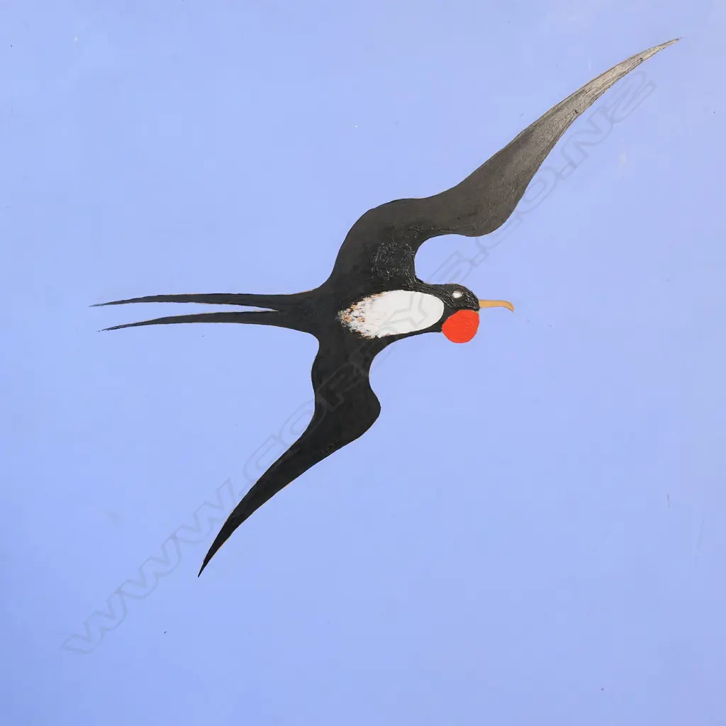 Tony Geddes after Don Binney 'Pacific Frigate Bird' and Barry Lett advertising poster acrylic on board and printed poster. 1020 x 570mm. NOTE: Vendor's provenance. ‘The ‘’Binney’’ picture was painted for Court Theatre's production of Middle Age Spread in 2003 by Tony Geddes (with Binney's permission)’. The base with 'Don Binney Recent Works Barry Lett Galleries August 15th to August 30th'. Image 1++