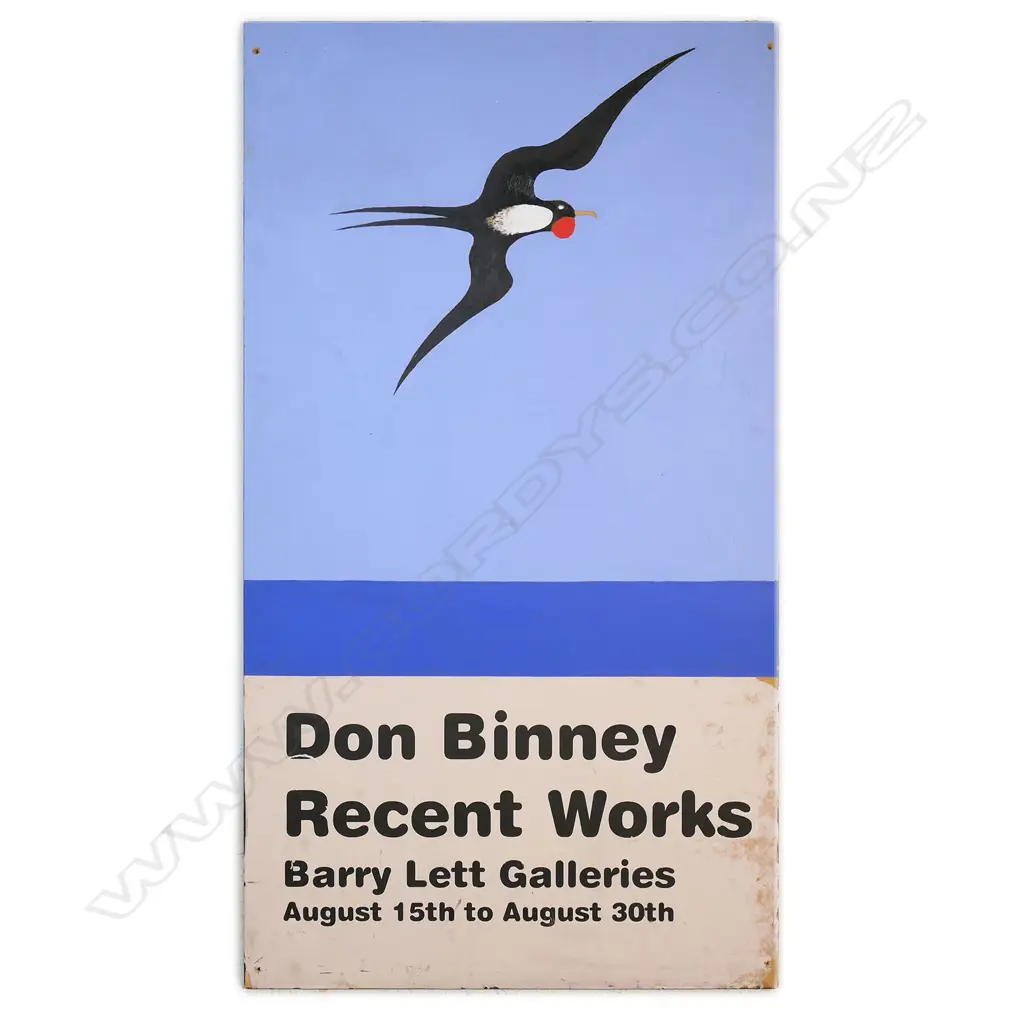 Tony Geddes after Don Binney 'Pacific Frigate Bird' and Barry Lett advertising poster acrylic on board and printed poster. 1020 x 570mm. NOTE: Vendor's provenance. ‘The ‘’Binney’’ picture was painted for Court Theatre's production of Middle Age Spread in 2003 by Tony Geddes (with Binney's permission)’. The base with 'Don Binney Recent Works Barry Lett Galleries August 15th to August 30th'. Image 1++