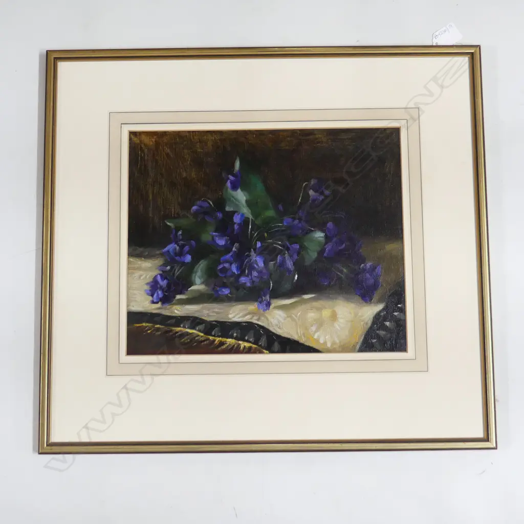 ARTIST UNKNOWN, VIOLETS STILL LIFE OIL ON BOARD, 265x325mm (NO GLASS) Image 1++