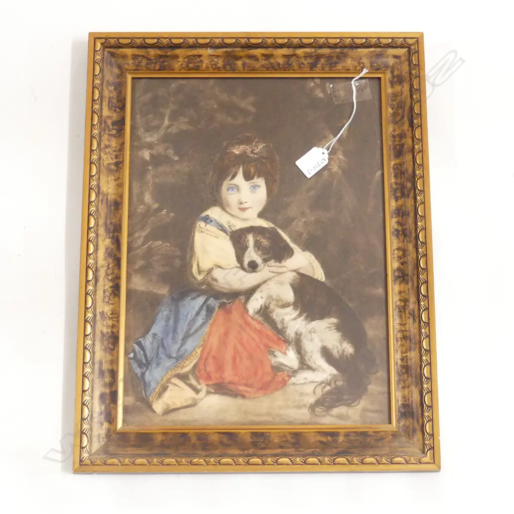 VICTORIAN PRINT OF LITTLE GIRL AND DOG 390 x 290mm Image 1++