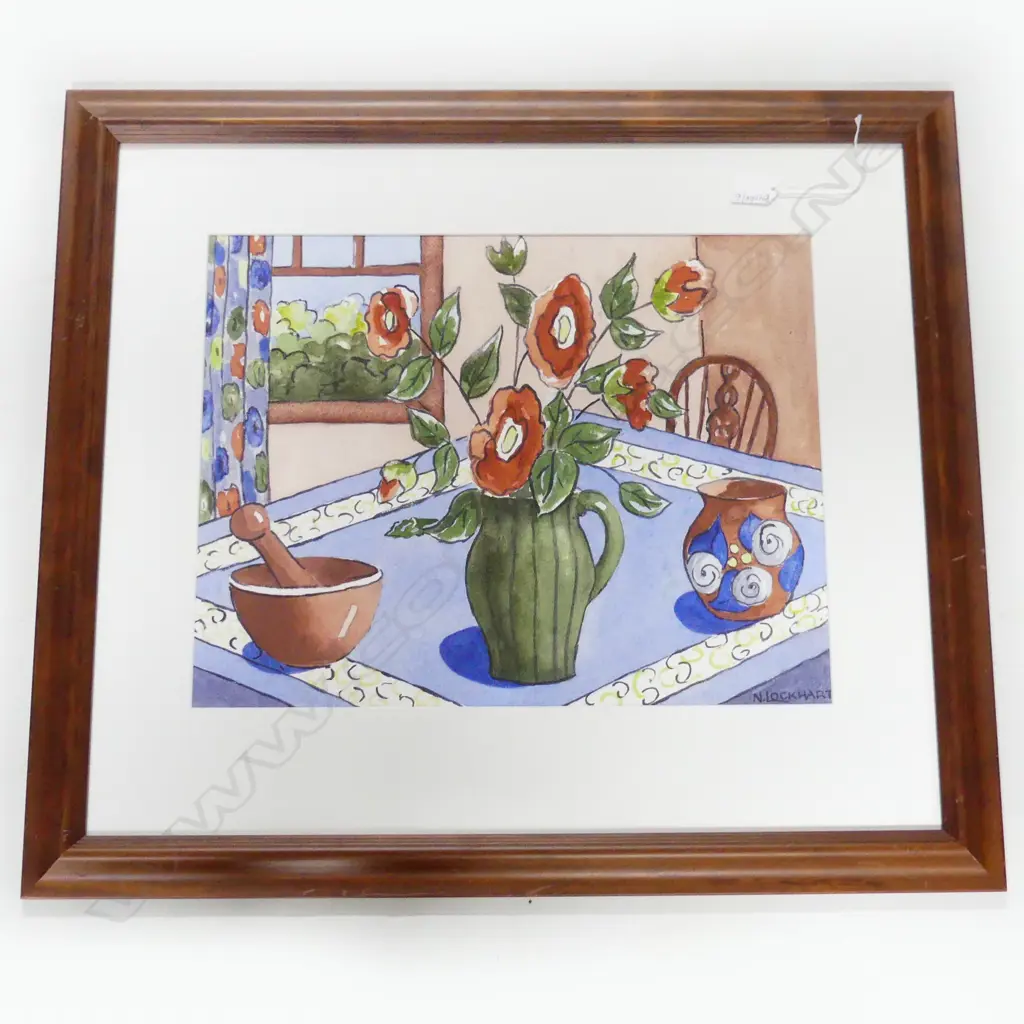 N. LOCKHART, STILL LIFE W/C TABLE & FLOWERS, 355x455mm Image 1++