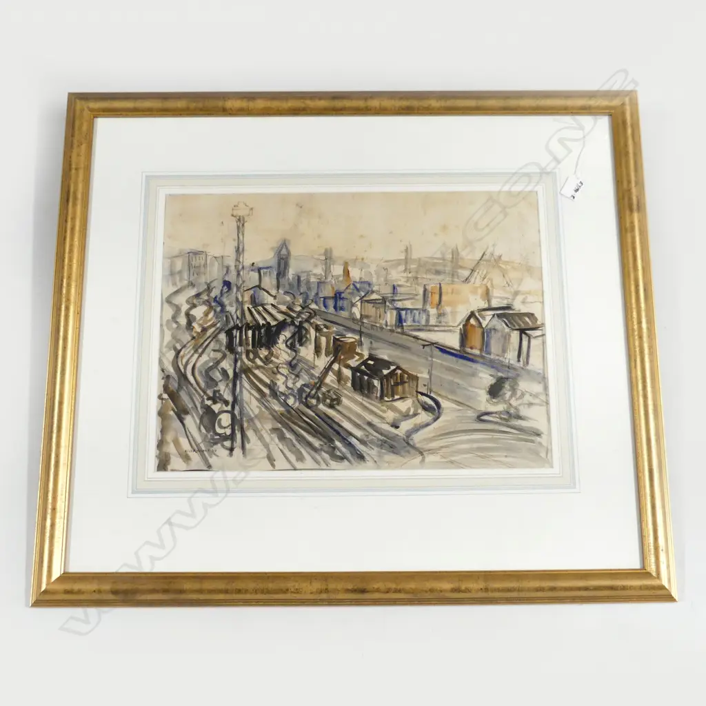 HELEN BROWN W/C 'RAILWAY YARD' signed & dated '49. Labelled verso 375 x 510mm Image 1++